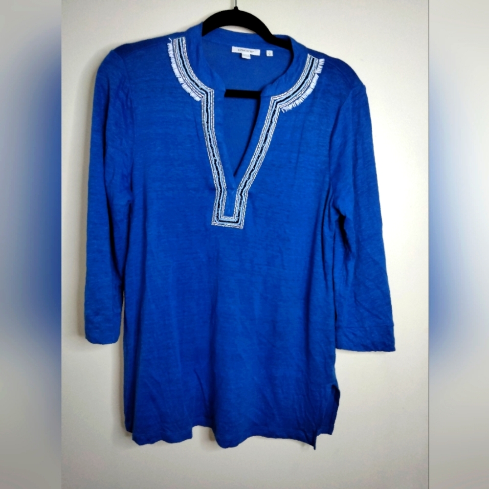 Chico's (Size 1/M/8) Blue 100% Linen Beaded Embellished V-Neck 3/4 Sleeve Tunic